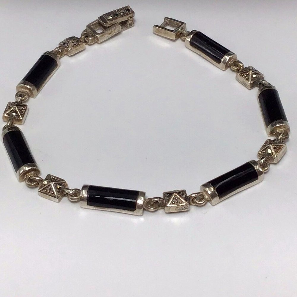 Sterling Silver Black Onyx Marcasite Bracelet 10g 5mm Size 6.5